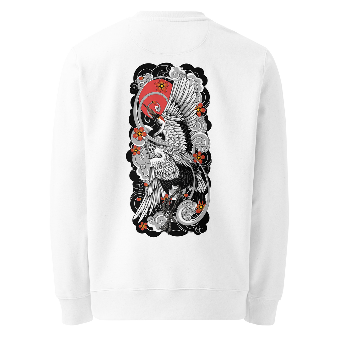 White sweatshirt with a striking Sunrise Symphony back print inspired by Japanese Irezumi art.