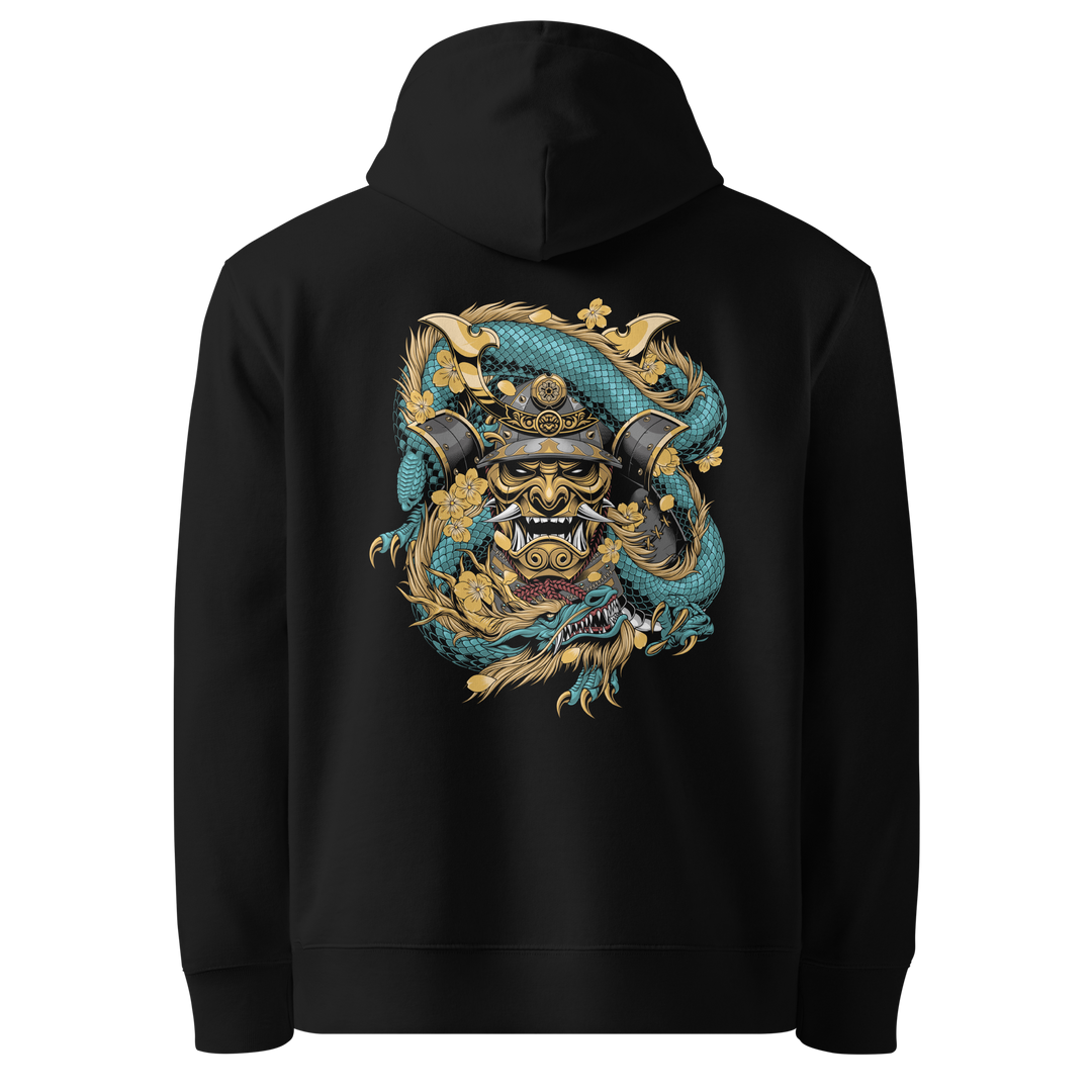 Back view of black hoodie featuring Irezumi tattoo-inspired teal samurai mask embraced by a dragon design, made from 100% organic cotton, regular fit with ribbed cuffs and hem.