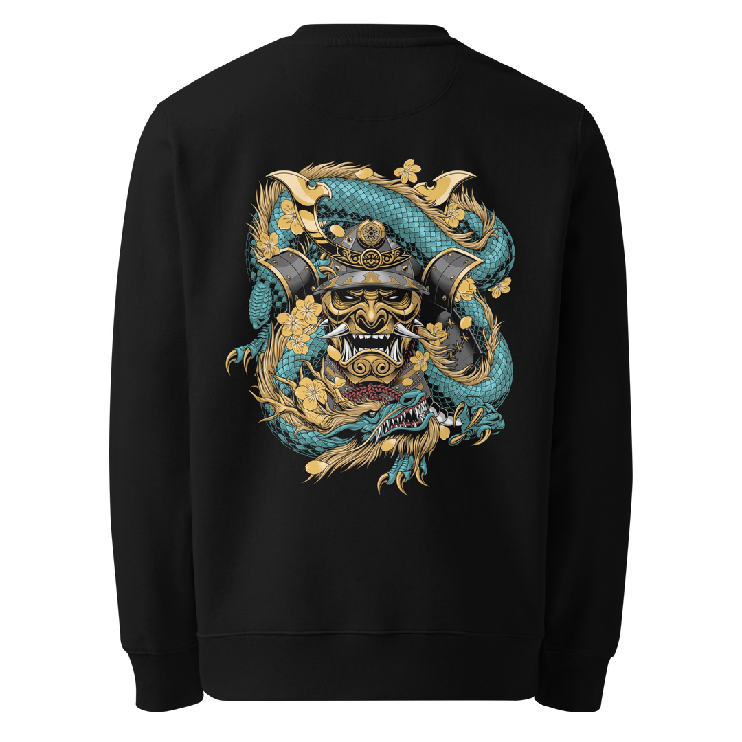 Back view of black sweatshirt featuring Irezumi tattoo-inspired samurai mask with teal dragon coiled around it design, made from 100% organic ring-spun cotton, regular fit with ribbed cuffs and hem.