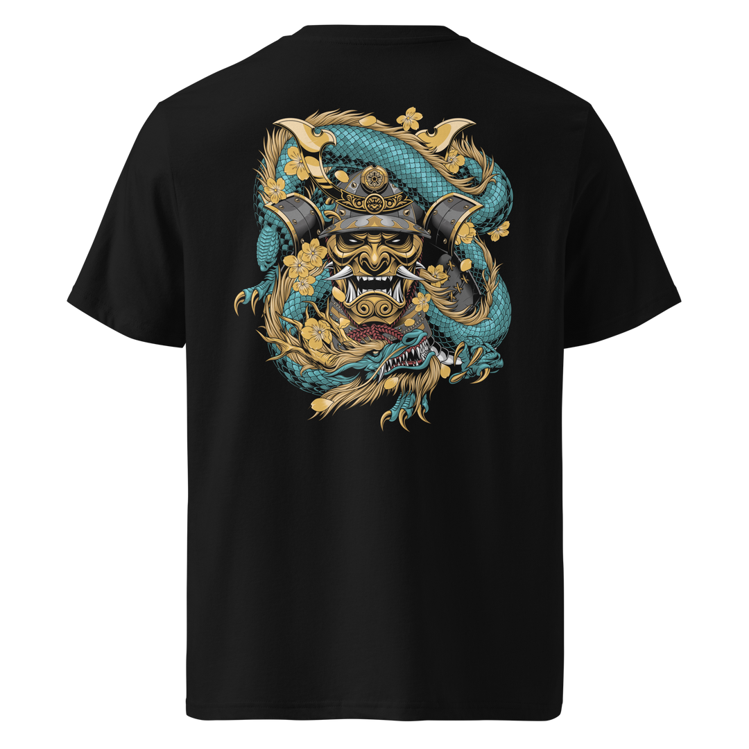 Back view of black t-shirt featuring Irezumi tattoo-inspired samurai mask design, made from 100% organic ring-spun cotton, regular fit with ribbed collar and durable double-needle stitching.