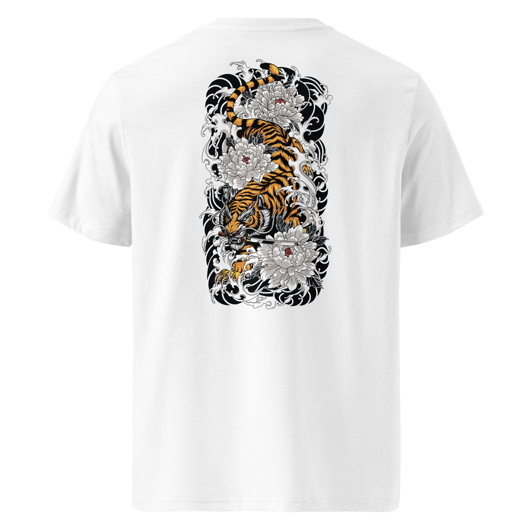 A white t-shirt with a detailed back print of a prowling tiger surrounded by Irezumi-style waves and blooming lotus flowers.