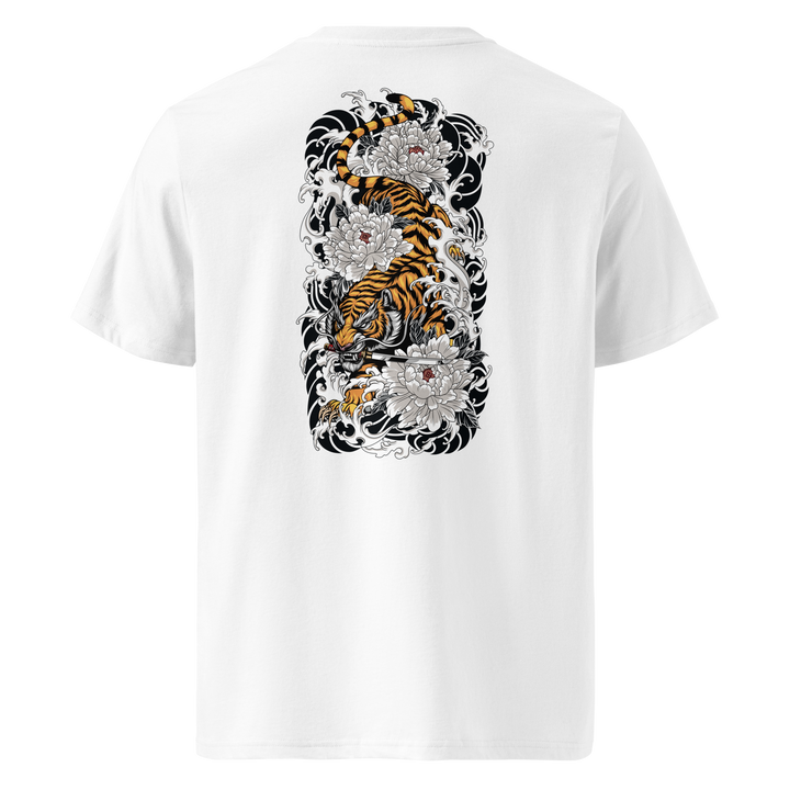 A white t-shirt with a detailed back print of a prowling tiger surrounded by Irezumi-style waves and blooming lotus flowers.