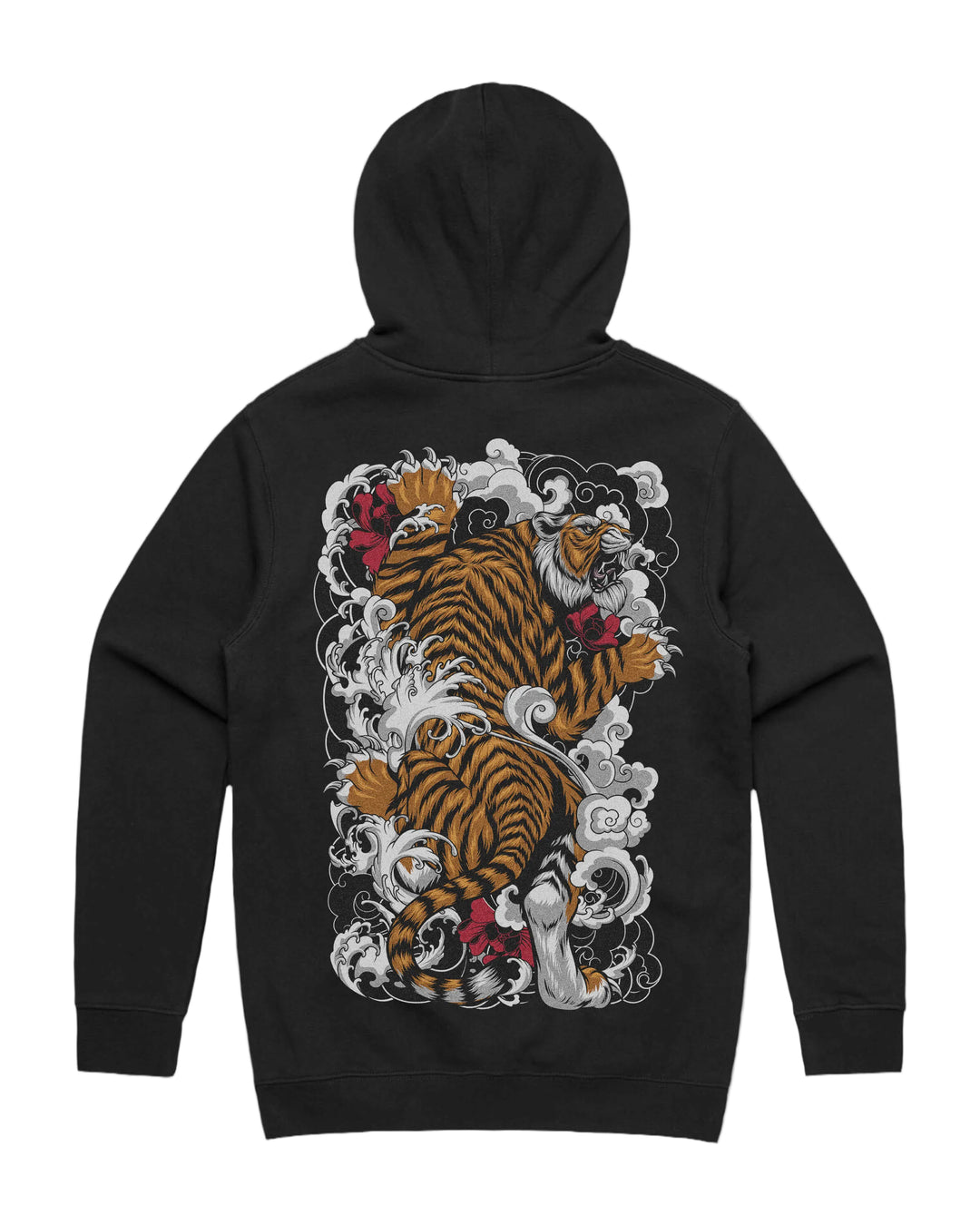 Climbing tiger graphic back print on heavyweight pullover hoodie in black