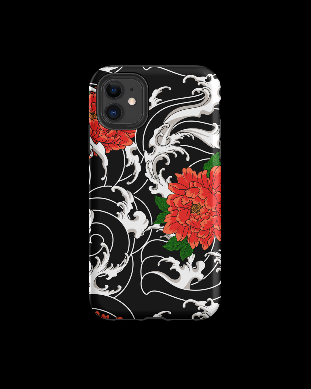 iPhone case with red floral and white wave irezumi tattoo inspired design on a black background