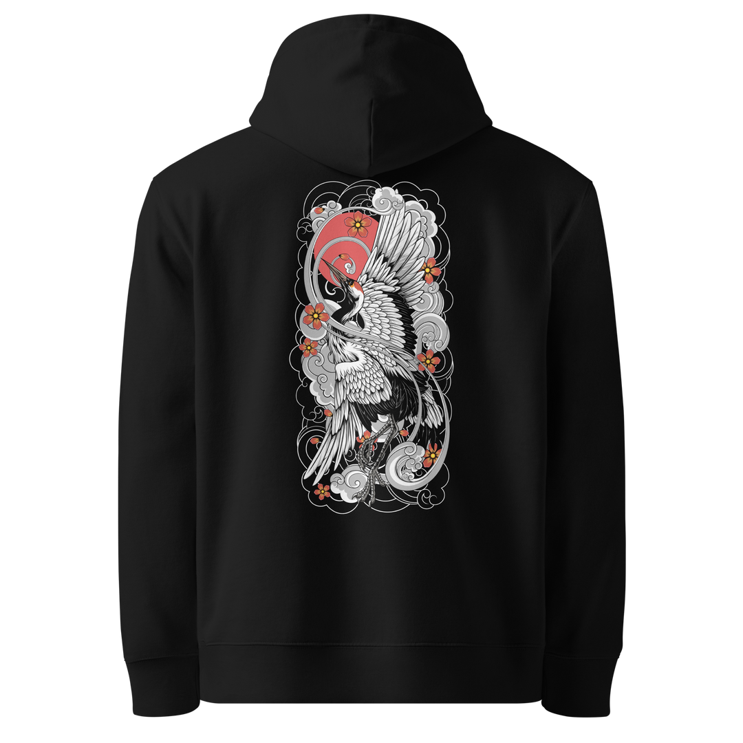 A black hoodie with a detailed back print of a crane in flight surrounded by Irezumi-style clouds, cherry blossoms, and a red sun backdrop.