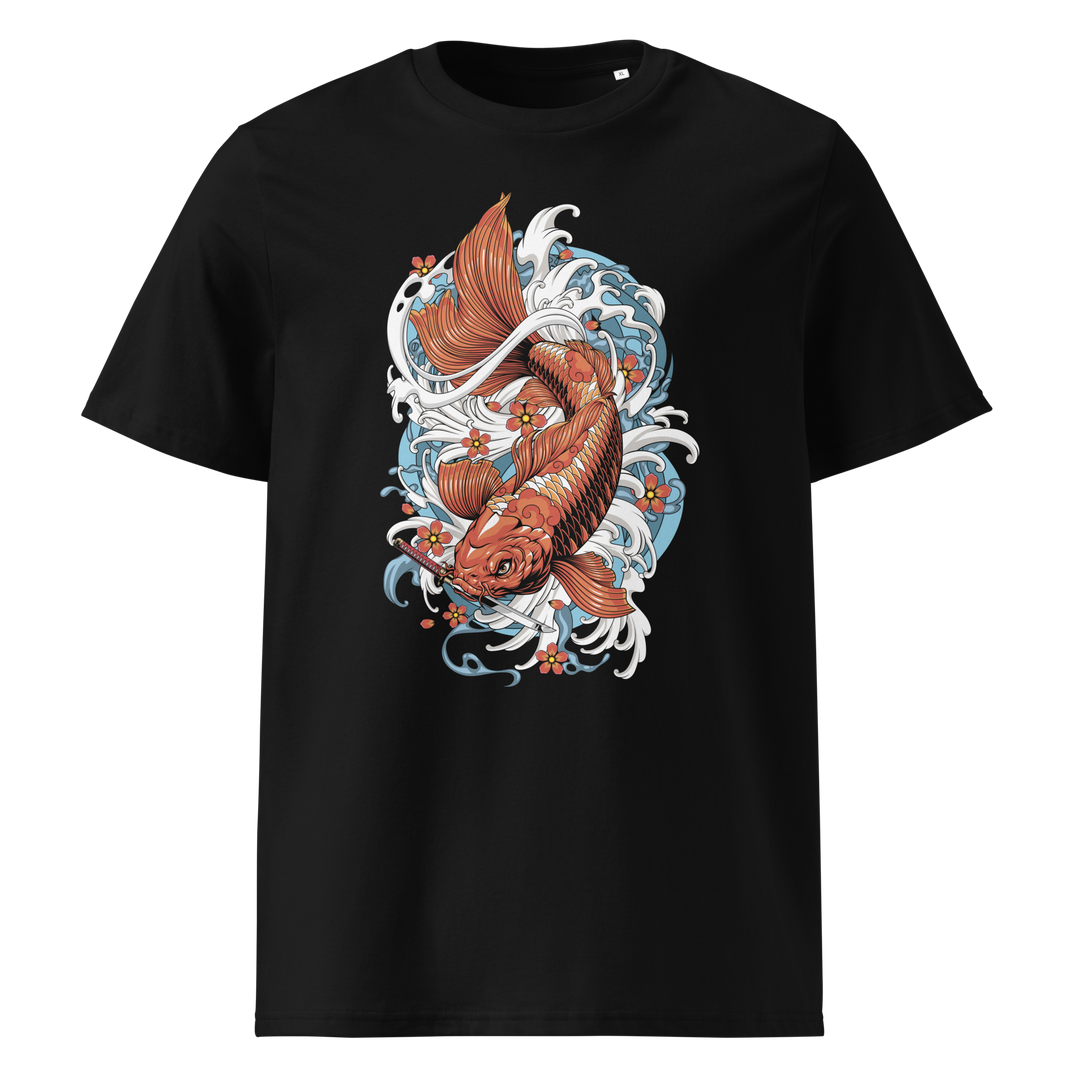 A black t-shirt showcasing an amber koi fish swimming amidst intricate waves and delicate flowers, inspired by Japanese tattoo artistry.