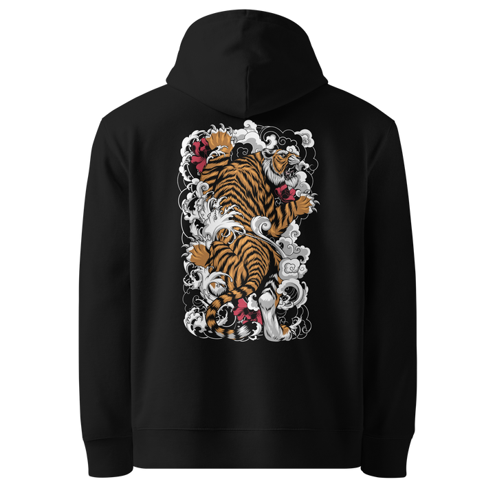 A black hoodie featuring a detailed Japanese Irezumi-inspired tiger design on the back, surrounded by swirling clouds and vibrant floral accents.