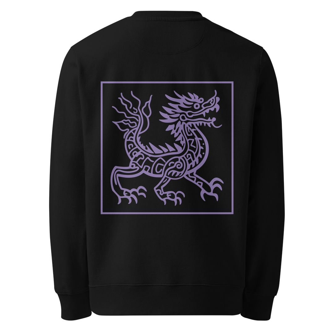 Amethyst purple Chinese Dragon design on the back of a black sweatshirt, inspired by Chinese tattoo art with intricate patterns and bold details.