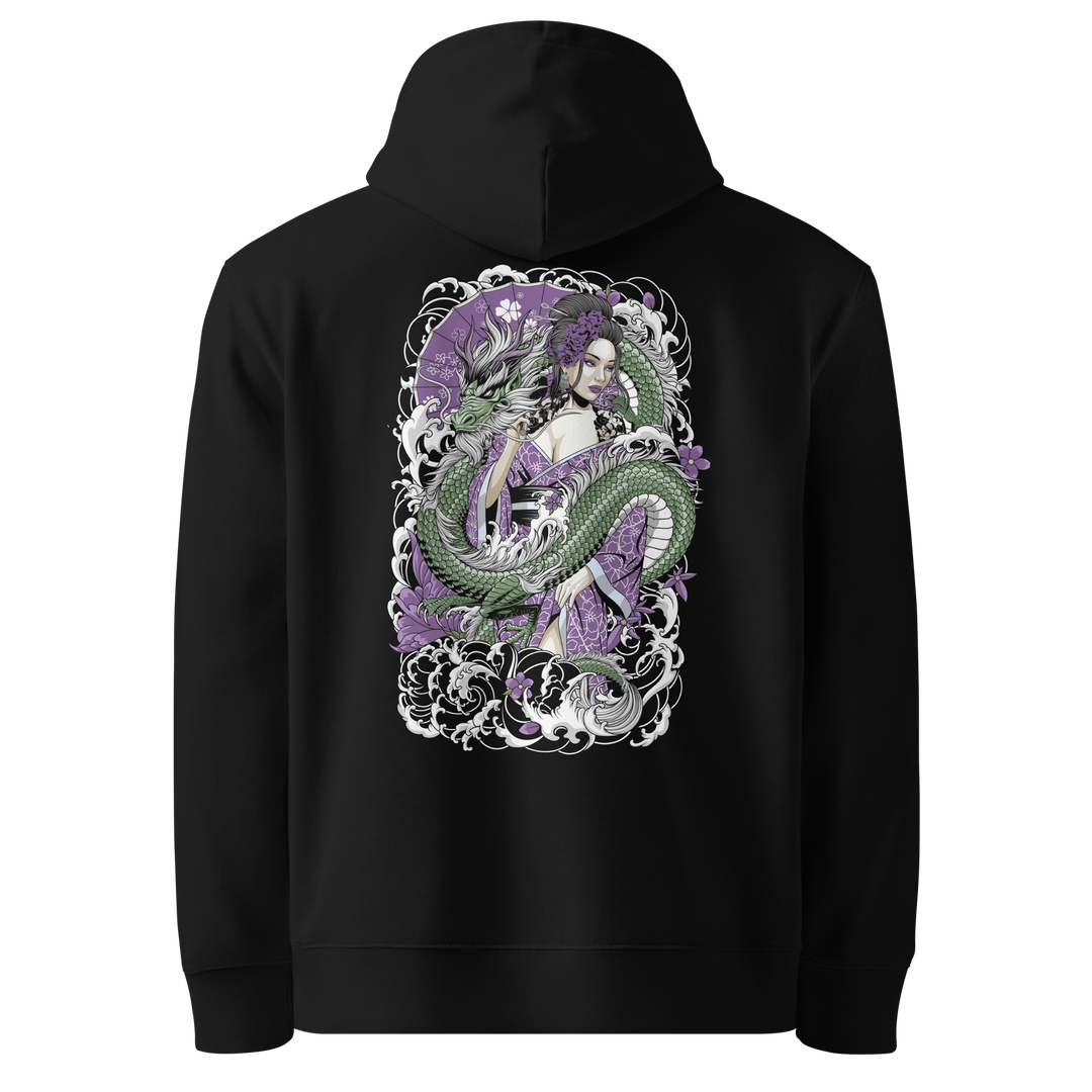 Discover the Amethyst Geisha Graphic Hoodie, featuring a stunning back design with a green dragon and Geisha in a purple kimono. Perfect for cozy Japanese streetwear style.