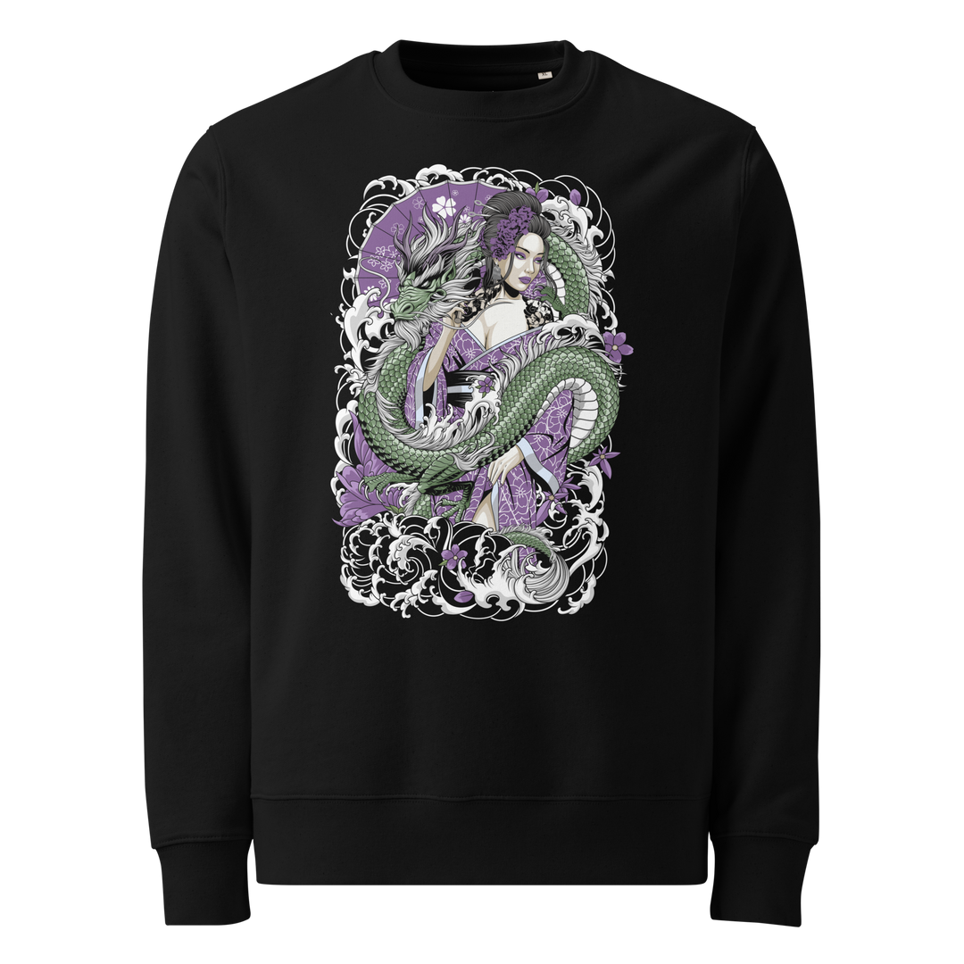 A black sweatshirt with an Amethyst Geisha design, showcasing a geisha in purple hues intertwined with a green dragon in traditional Japanese Irezumi tattoo style. Bold and elegant.