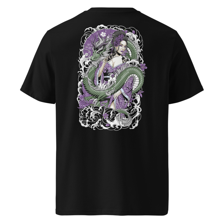 A black t-shirt with a detailed back design of a Geisha in a purple kimono, entwined with a green dragon, surrounded by floral and wave motifs, inspired by Japanese Irezumi tattoo art.