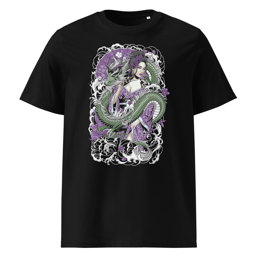 Amethyst Geisha front print on a black t-shirt, featuring a geisha entwined with an amethyst-toned dragon surrounded by waves and floral details.