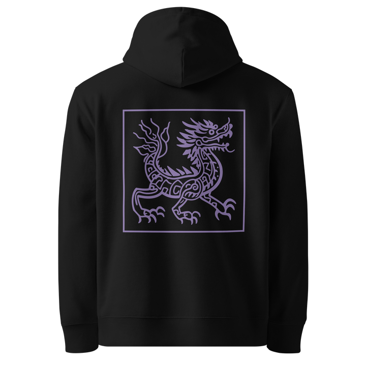 A black hoodie with a rich purple tribal-style dragon design on the back