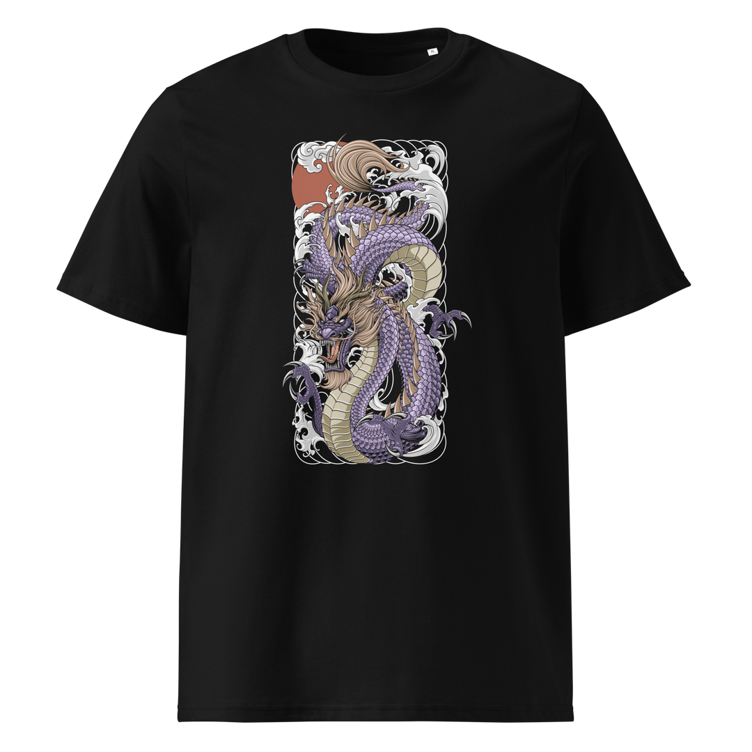 A premium black t-shirt featuring an amethyst dragon design surrounded by waves and a glowing sun, inspired by Japanese mythology.