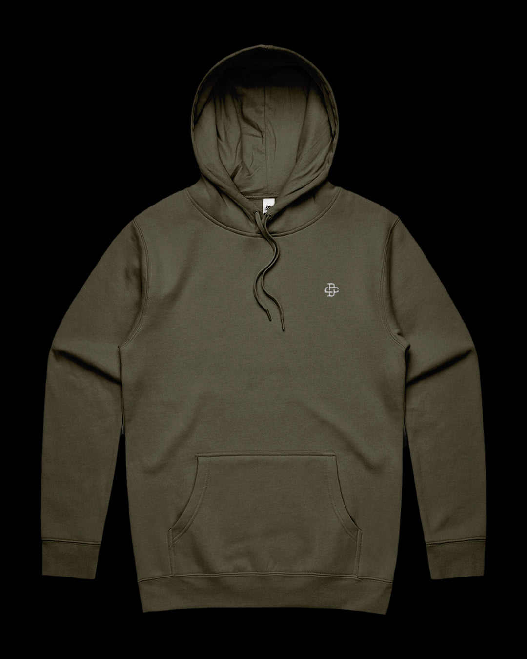 front view of 350gsm hoodie with dsign crtel monogram logo embroidered on left chest