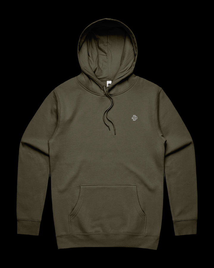 front view of 350gsm hoodie with dsign crtel monogram logo embroidered on left chest