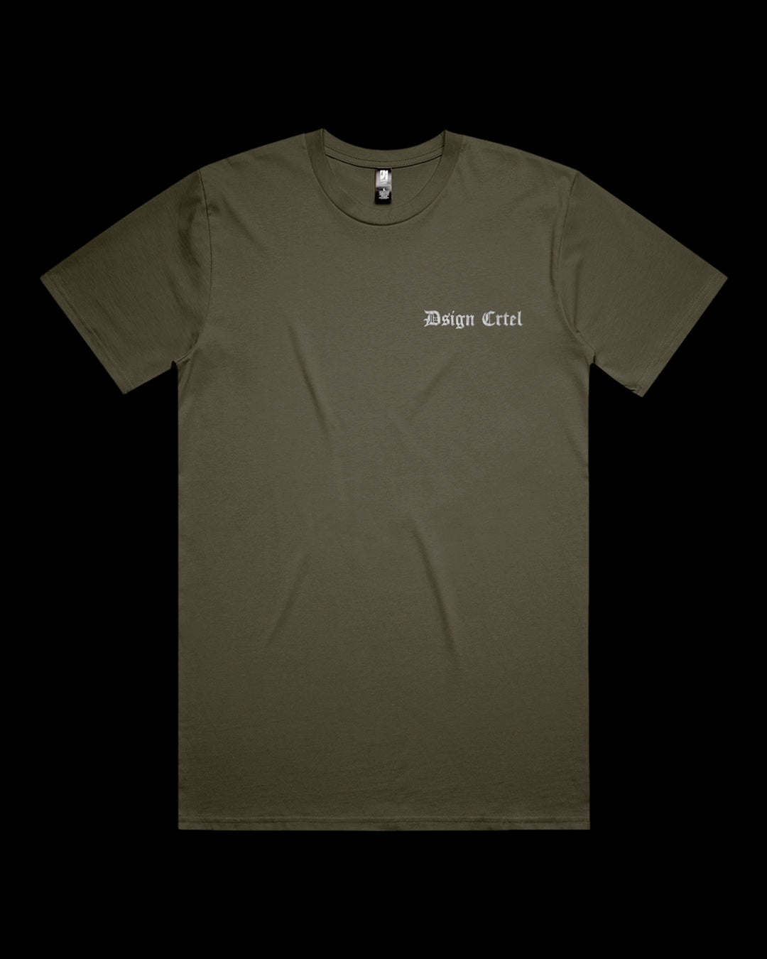 army green t-shirt with white script embroidery on left chest