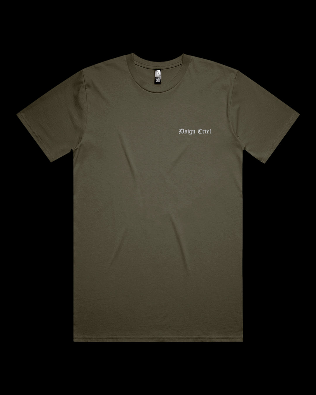 army green t-shirt with a brand logo on a black background