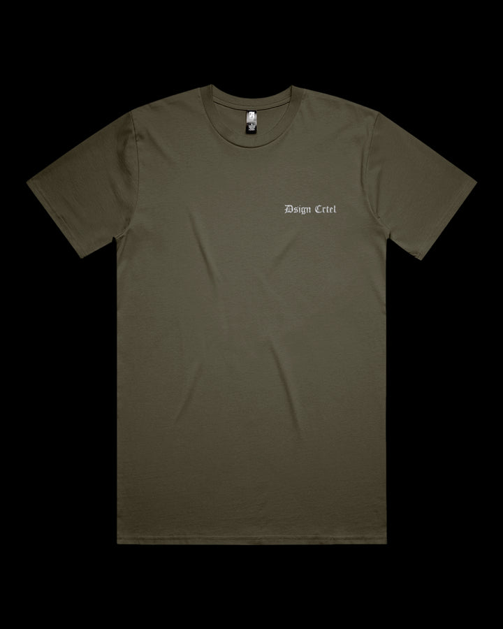 army green t-shirt with a brand logo on a black background