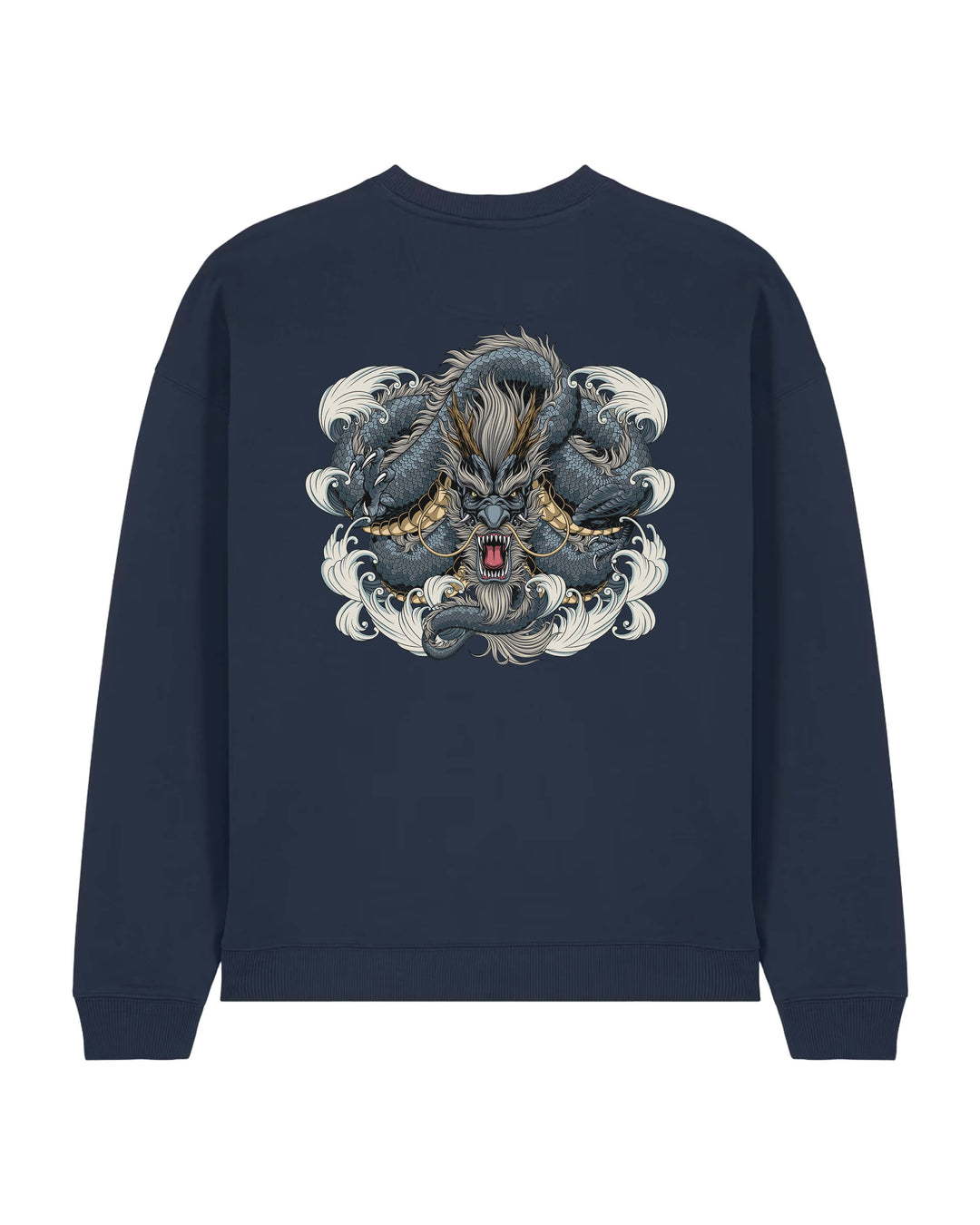 Oversized crewneck sweatshirt, Asian Dragon print - French Navy