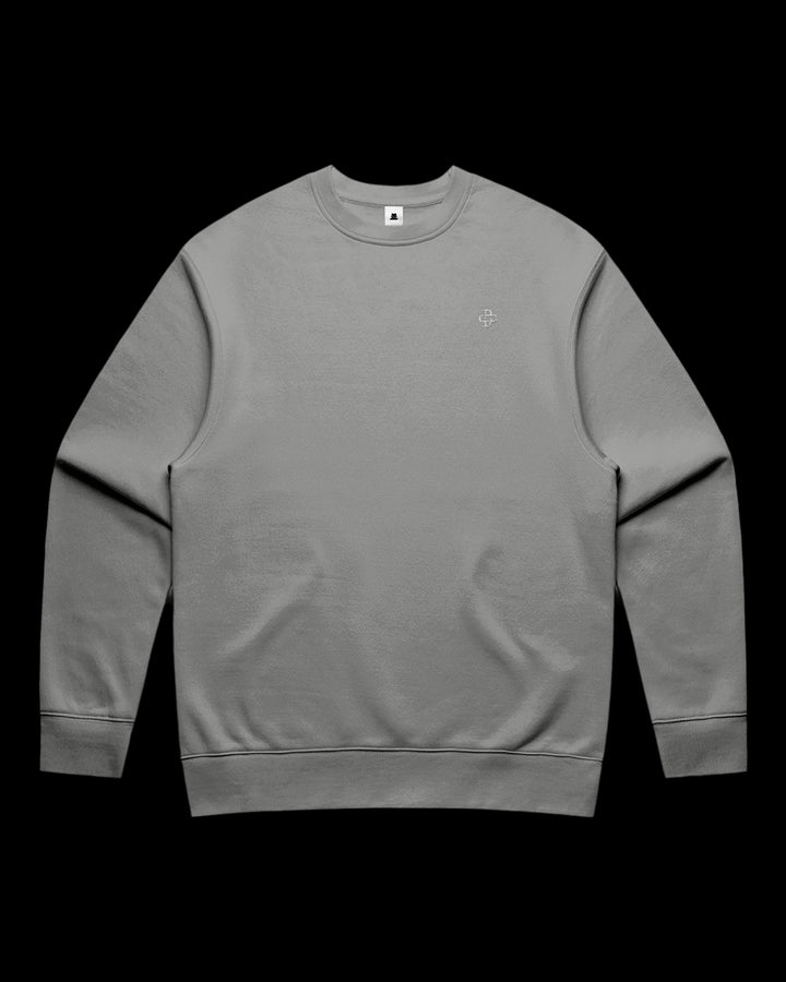 front view of sweatshirt with dsign crtel monogram logo embroidered on left chest