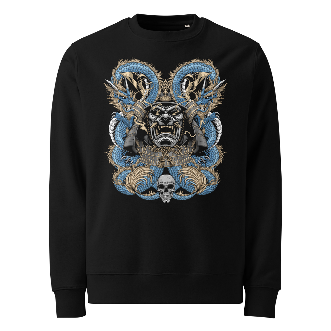 sweatshirt with two azure dragons coiled around a detailed samurai mask, enhanced with intricate accents and bold, artistic flair.