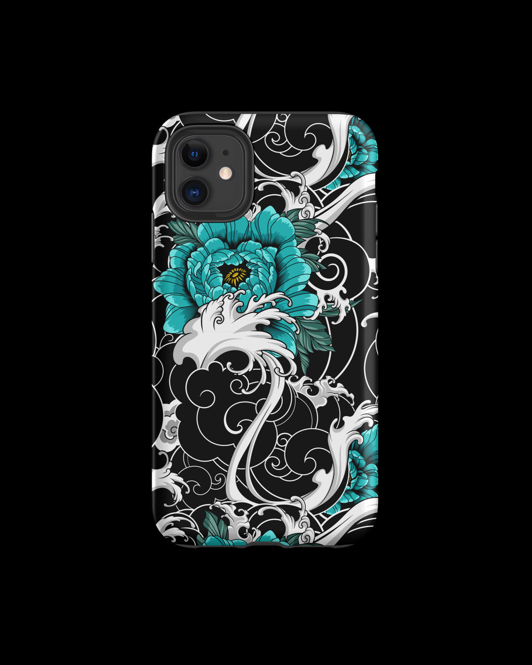 iPhone case with teal flower and black and white floral irezumi design on a black background