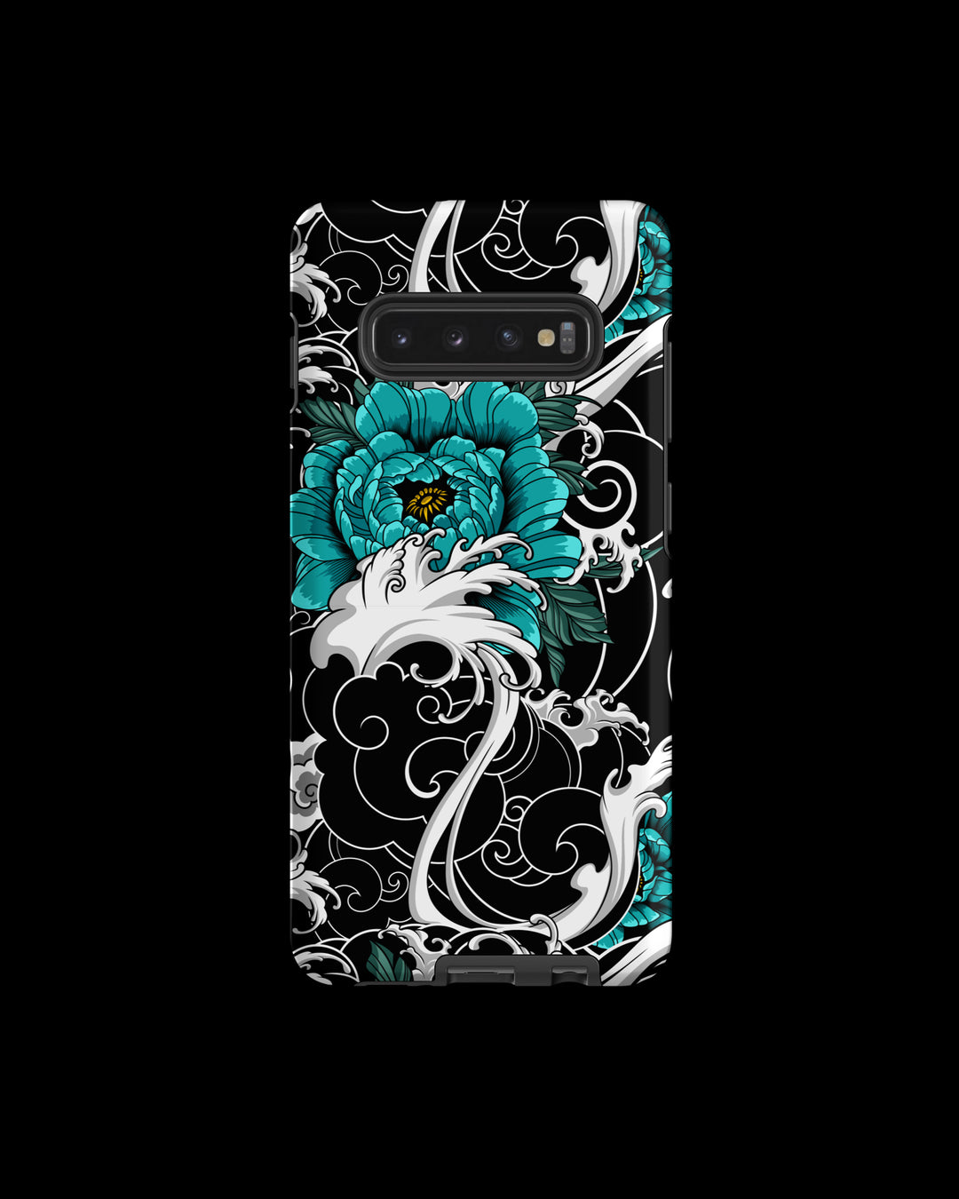 Samsung Phone case with teal flower and white decorative irezumi tattoo inspired patterns on a black background