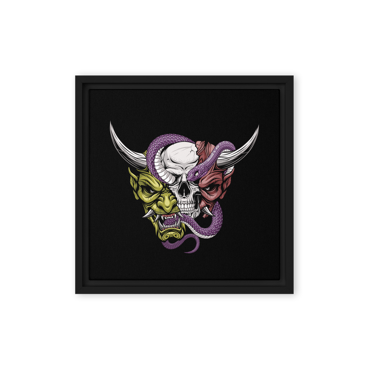 Framed canvas artwork of a split oni mask revealing a skull, with a snake coiled around both the skull and the mask, symbolizing transformation and power in traditional Japanese irezumi art.