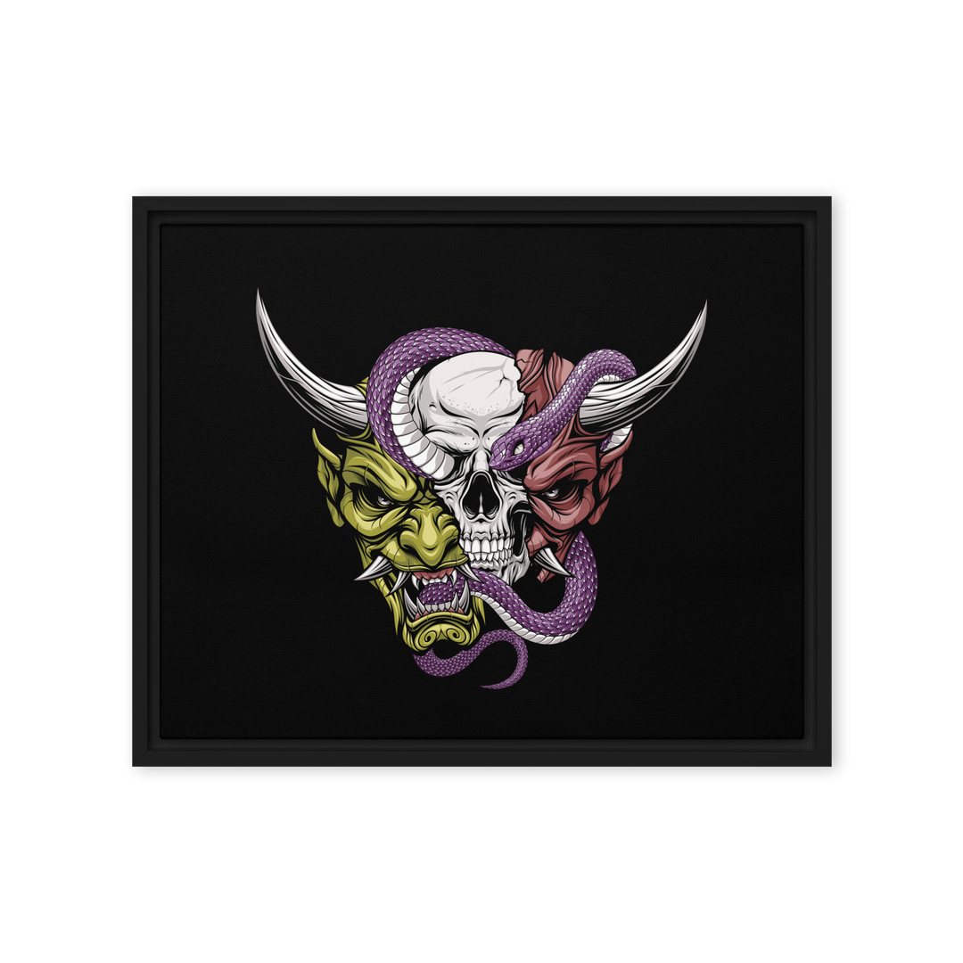 Framed canvas artwork of a split oni mask revealing a skull, with a snake coiled around both the skull and the mask, symbolizing transformation and power in traditional Japanese irezumi art.