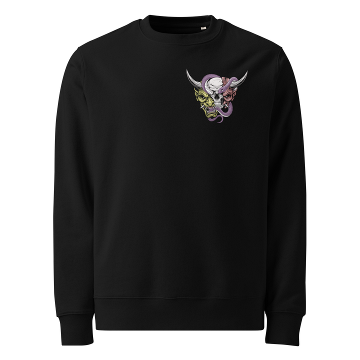 Black Beyond the Mask Graphic Sweatshirt featuring an Oni mask, skull, and snake design, inspired by Japanese tattoo art