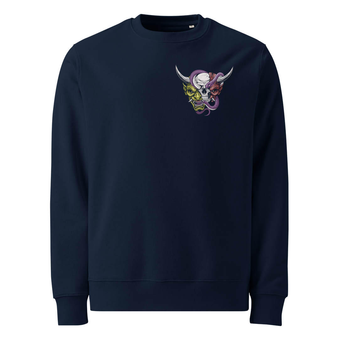 French Navy Beyond the Mask Graphic Sweatshirt featuring an Oni mask split open to reveal a skull with a coiled snake, inspired by Japanese Irezumi tattoo art