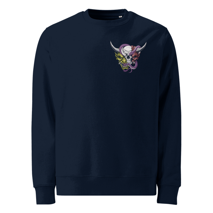 French Navy Beyond the Mask Graphic Sweatshirt featuring an Oni mask split open to reveal a skull with a coiled snake, inspired by Japanese Irezumi tattoo art