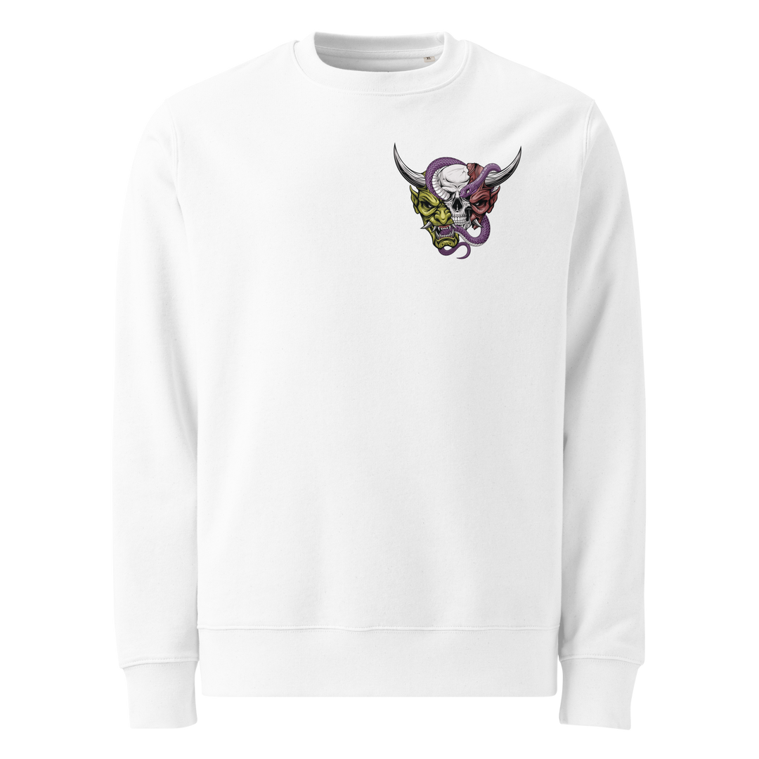 White Beyond the Mask Graphic Sweatshirt with a detailed back print of an Oni mask and skull, perfect for streetwear fashion