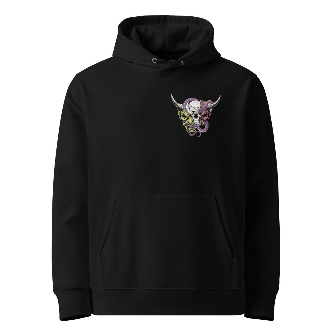 Beyond the Mask Graphic Hoodie in Black featuring a left chest Oni mask, skull, and snake.