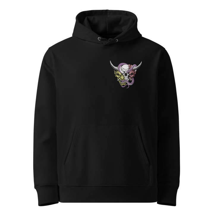 Beyond the Mask Graphic Hoodie in Black featuring a left chest Oni mask, skull, and snake.