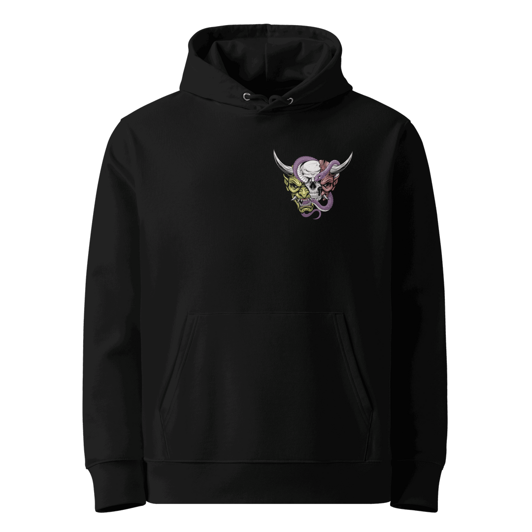 Beyond the Mask Graphic Hoodie in Black featuring a left chest Oni mask, skull, and snake.