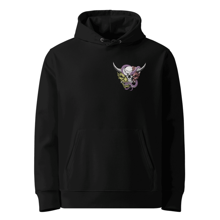 Beyond the Mask Graphic Hoodie in Black featuring a left chest Oni mask, skull, and snake.