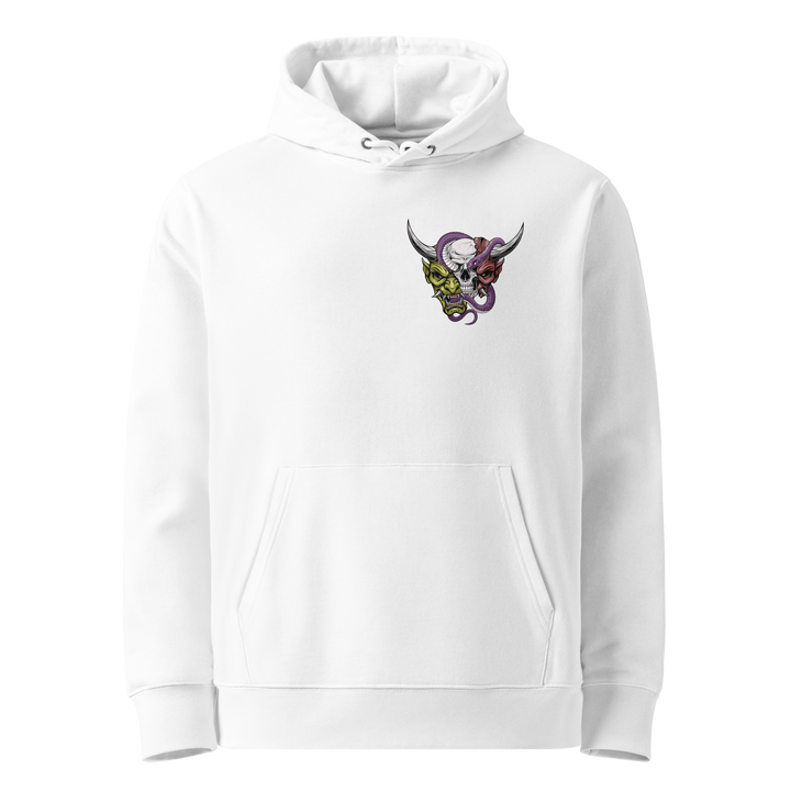 Beyond the Mask Graphic Hoodie in White featuring a left chest Oni mask, skull, and snake.