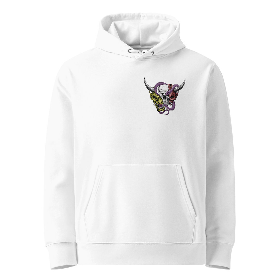 Beyond the Mask Graphic Hoodie in White featuring a left chest Oni mask, skull, and snake.