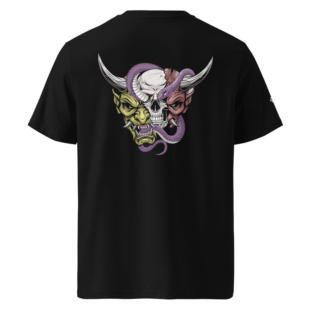 Black Beyond the Mask Oni Graphic Tee with a bold back print featuring a split Oni mask revealing a skull and snake, inspired by Japanese Irezumi art