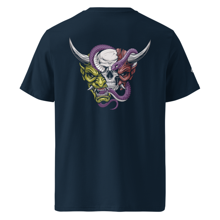 French Navy Beyond the Mask Oni Graphic Tee with a back print of a split Oni mask revealing a skull and snake, blending Japanese Irezumi art and streetwear style