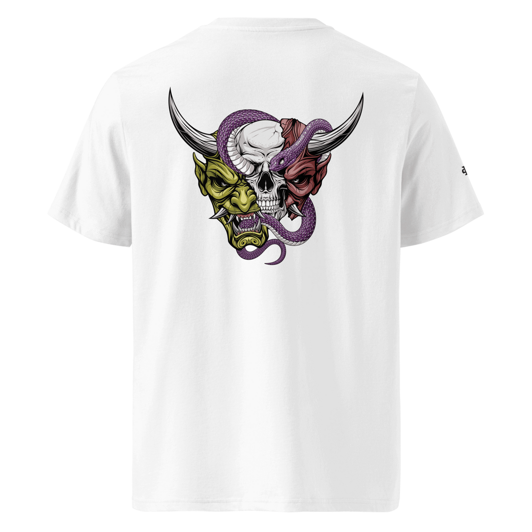 White Beyond the Mask Oni Graphic Tee featuring a back print of a split Oni mask revealing a skull entwined with a snake, combining Japanese tattoo art and streetwear