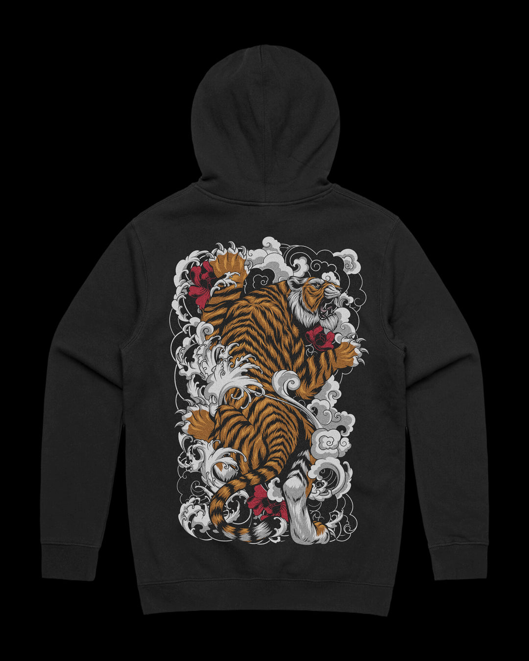 Japanese Tattoo Hoodie with large back print of climbing tiger surrounded by waves and red floral detailing in traditional tattoo style