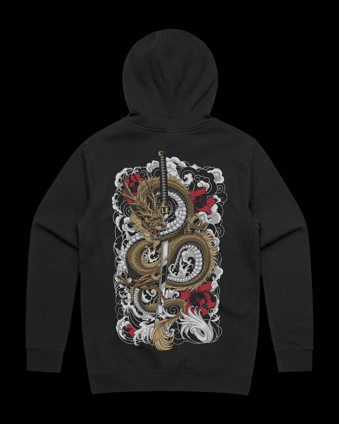 Japanese Tattoo Hoodie with large back print of dragon coiled around vertical katana surrounded by waves and red florals in traditional tattoo style