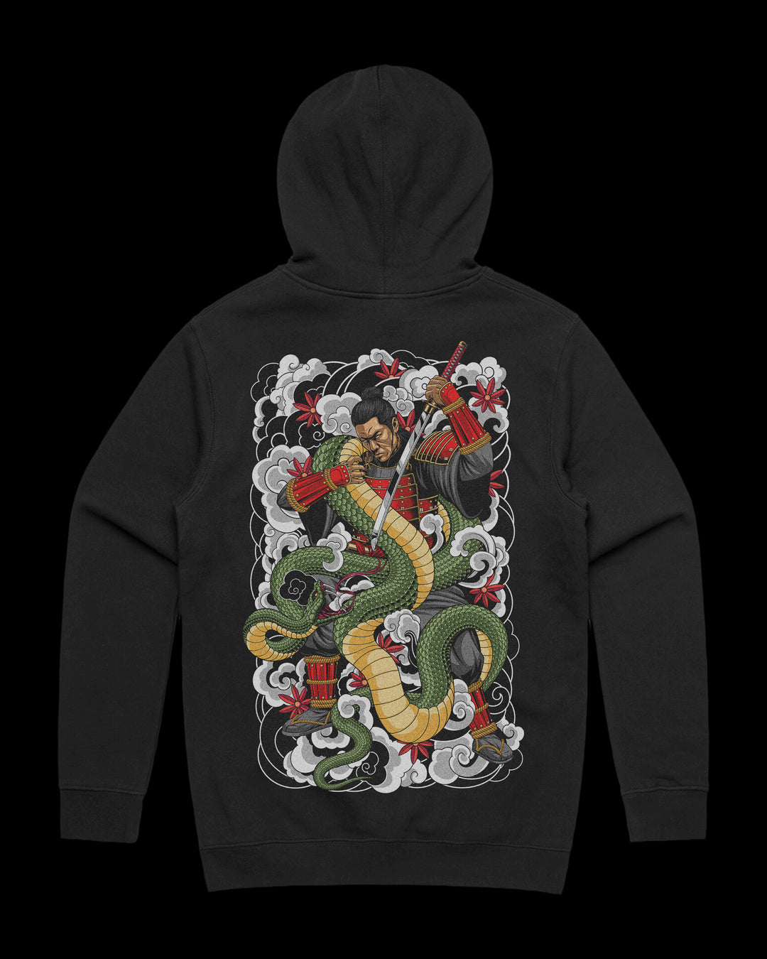 Japanese Tattoo Hoodie with large back print of samurai fighting coiled snake with raised sword in traditional Japanese tattoo style