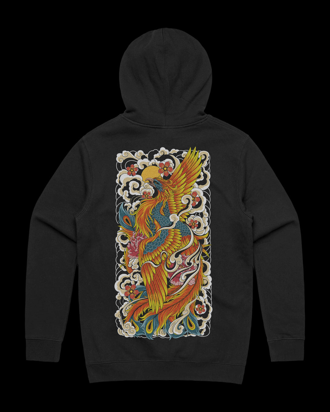 Japanese Tattoo Hoodie with large back print of vibrant phoenix rising through waves and florals in traditional tattoo style