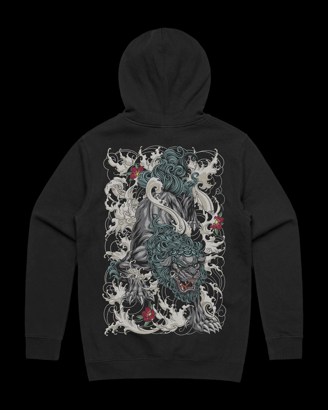 Japanese Tattoo Hoodie with large back print of Komainu guardian lion surrounded by waves and florals in traditional tattoo style