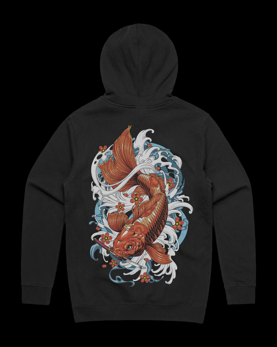 Japanese Tattoo Hoodie with large back print of orange koi swimming through waves with floral detailing in traditional tattoo style