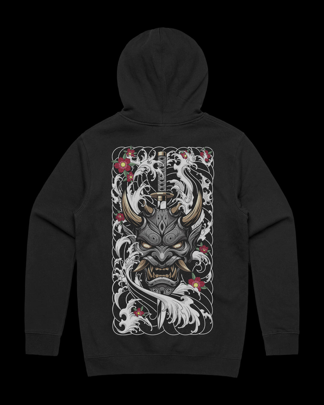 Japanese Tattoo Hoodie with large back print of Oni mask pierced vertically by katana sword surrounded by waves and red florals